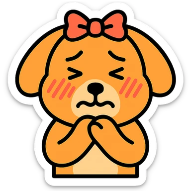 blushing, embarrassed dog with a ribbon on its head, black outlined icon style with light color accents sticker