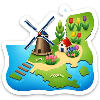 Map of the Netherlands showing canals, tulips, and windmills sticker