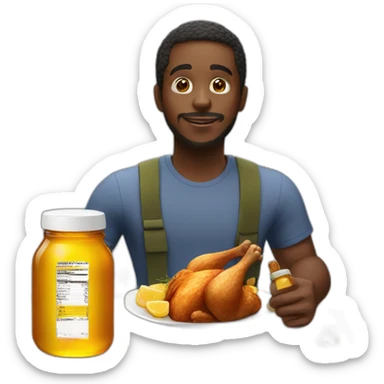 Black man eating chicken next to a honey bottle sticker