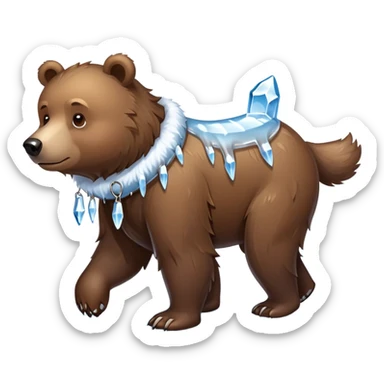 Natural looking brown bear walking on four paws, wearing a thick collar made of clear ice with sharp icicles dangling from it, like a large dog collar shape sticker
