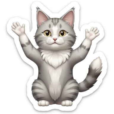 grey and white cat doing a big long stretch reaching up into the airwith arms together sticker