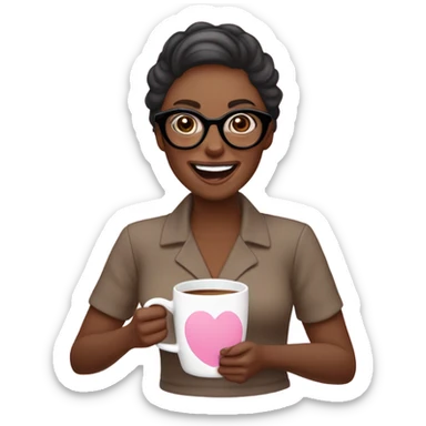 Una mujer con lentes color rosado claro y cabello castaño oscuro trabajando frente a una mac con cara de felicidad. Con pijama de color rosada puesto, y una taza de café en una de las manos sticker