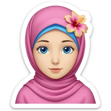 Turkish beautiful finish Konya girl blue eyes with pink yellow summer hijab islamic dress and had on her hijab hibiscus flower sticker