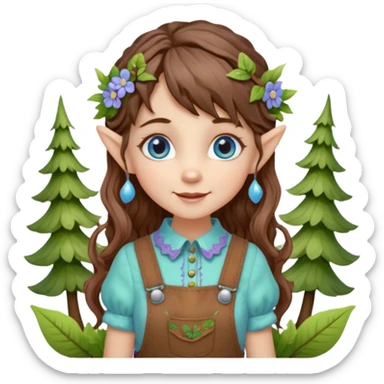 Kind happy whimsical quirky Girl toymaker, wood carving elf. Woodland nature creator. Blue eyes. brown hair (short — inch longer than chin length) wavy hair & bangs. Whimsical playful cute. Overalls with nature embroidered cute shirt collar. Light green, light purple and light blue colour aesthetic  sticker