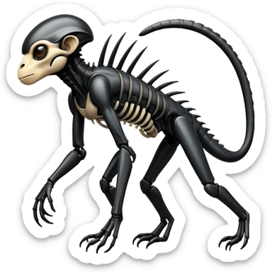 A monkey with Xenomorph features, elongated head, black exoskeleton, and biomechanical appearance sticker
