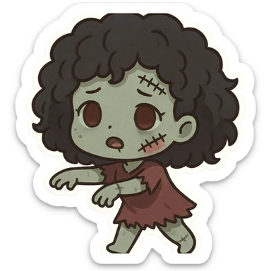 girl zombie with curly black hair, stitched face, cartoon style sticker