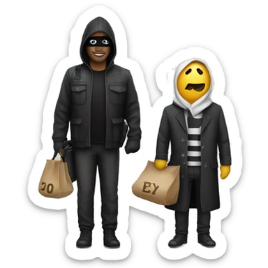 a person with robber costume, bag of money in back sticker