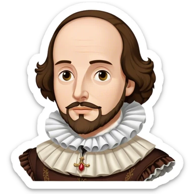 Cinematic Realistic portrait of William Shakespeare, depicted as an iconic playwright in richly detailed Elizabethan attire with a ruffled collar, expressive eyes, and a thoughtful gaze, bathed in dramatic historical lighting that evokes the Bard’s timeless legacy sticker