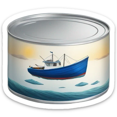 Realistic small can of tuna showing a blue sailing boat sticker