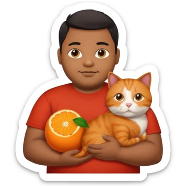 Indian black chubby guy with black middle parted hair in red t-shit with orange cat, age-24 sticker