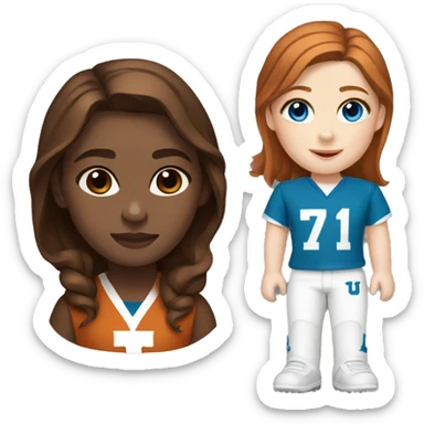 Brown hair, pale skin, blue eyes, woman. Wearing University of Texas Longhorn clothes sticker