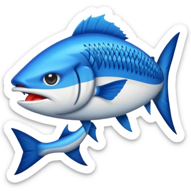 Emoji de poisson barracuda stylisé, dessin cartoon, bleu avec lettres ‘BARRACUDA’ dans le corps, expression féroce.” sticker