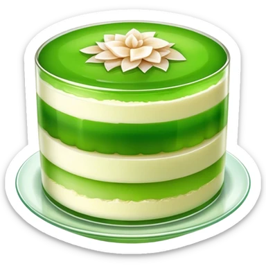 Coconut Pandan Jelly Cinematic Realistic Coconut Pandan Jelly Dessert Emoji, depicted as a layered jelly with distinct strata of coconut and pandan flavors, rendered with delicate textures and vibrant, tropical lighting. sticker