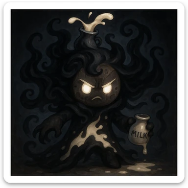 Shadow Milk Cookie, a mysterious cookie character with dark, shadowy swirls, glowing eyes, and a milk motif sticker
