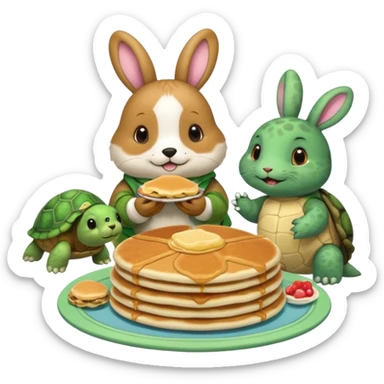A seal, dog, bunny and turtle together eating pancakes sticker
