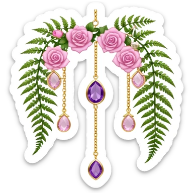 Hanging suncatcher, gold chains with shiny sparkly amethyst and rose-quartz gemstones, roses, fern-leaves  sticker