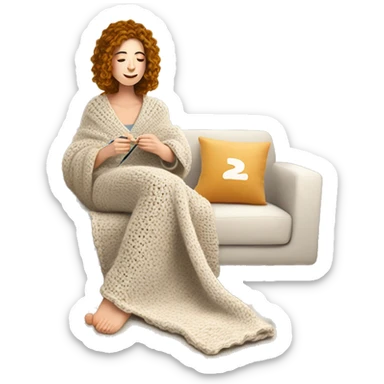 26 year old white woman with wavy hair. She is crocheting a garment with a crochet hook and ball of yarn is near her. She is laying on the couch, under a blanket that covers her body and legs. Near her there is a cup of tea sticker