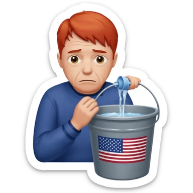 short red haired older man crying into bucket with USA flag on it sticker