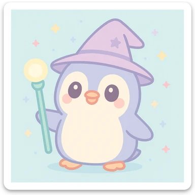 cute penguin wizard with magical staff, wearing a wizard hat, fantasy style, adorable sticker