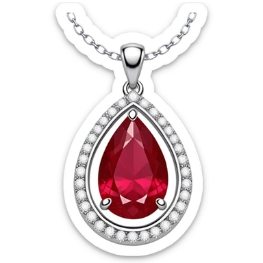 teardrop-shaped ruby pendant cradled in a delicate silver chain, haloed by shimmering white stones sticker