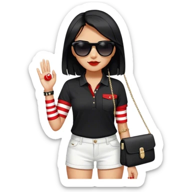 She wears a black Polo - shirt adorned with red - and - white stripes on the sleeves, paired with simple white shorts. Her long, jet - black hair, and the black sunglasses . With a black chain - strap bag slung across her body and accessories glinting on her wrist sticker