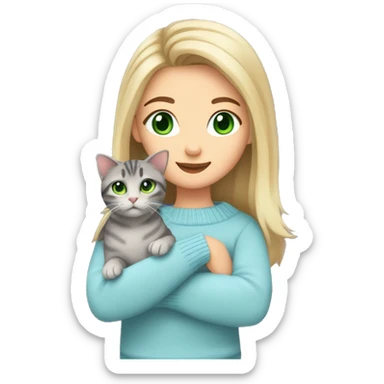 Blond chin lenght hair girl with middle part and green eyes in a light blue sweater holding a grey tabby cat with white paws and face sticker