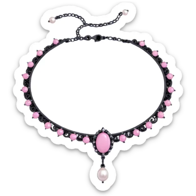 realistic 3D gothic choker with pearls, black and pink gemstones, minimal and elegant sticker