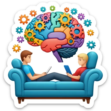 An icon featuring a brain with gears, a mind map, and a therapy couch, symbolizing psychology. The design includes a set of mental health tools and a silhouette of a person in deep thought, representing understanding the human mind. Transparent background sticker