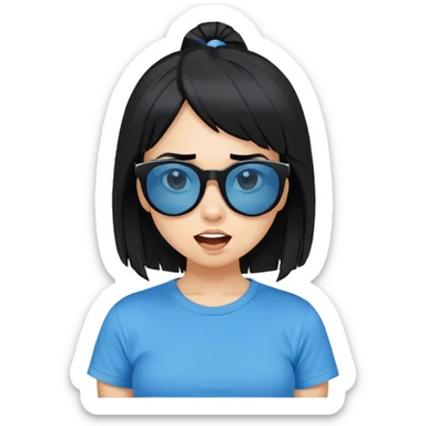 A girl with black bob hair with pony, wearing black sunglasses，funny(0.5) face (0.5)，wacky expression, a blue t-shirt. pony sticker