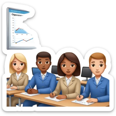 university classroom with students learning about operations management with charts and machinery sticker