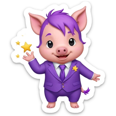 Sticker, a small cute funny purple piglet with purple hair, wearing a purple suit decorated with stars, ((cheerful, laugh)), surrounded by white outline, on transparent background sticker