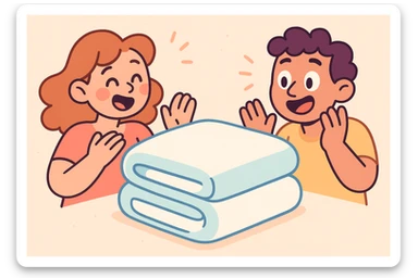 neatly folded blanket in pastel white and blue, soft and cute appearance, pastel cartoon style sticker