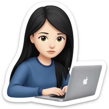 female student with black long hair working on a macbook laptop. sticker