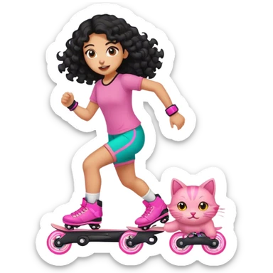 A Mexican girl with curly black long hair running from a pink cat on rollerblades sticker