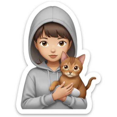 a asian girl with short brown hair and bangs holding an Abyssinian cat， wearing grey hoodie sticker