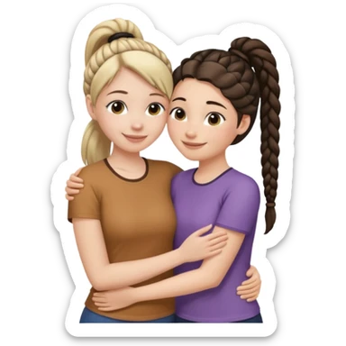 Comforting Hug two white skin women, one shorter woman with medium brown simple top ponytail, not braided, and one taller woman with a single long black side braid sticker