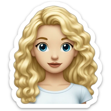 Fille blonde ,cheveux bouclé détaché long jusque au millieu du dos etvolumineux,teint blanc , yeux bleu sticker