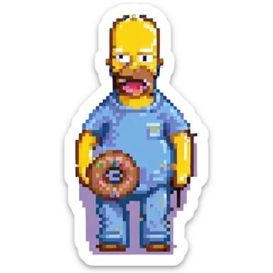 Pixel art Homer Simpson, simplified, holding a bitten donut sticker