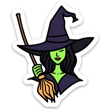 Elphaba from Wicked musical, green-skinned witch with pointy black hat and broom sticker