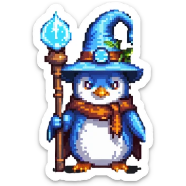 penguin wizard with a pointy hat and magic staff sticker