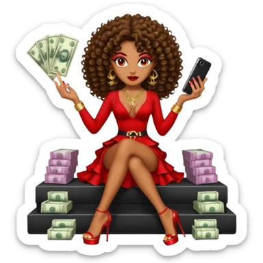 seductress evil brown curly haired sexy drug lord woman with clear glittery platform heels on her feet and devil red horns on her head, holding a stack of cash, has a phone in other hand sticker