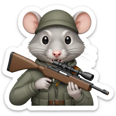 a crazed rat holding a sniper rifle sticker