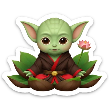 Baby Yoda con su tunica chocolate oscuro sentado dentro de una flor de loto estilo chino algunos contrastes en rojo sticker