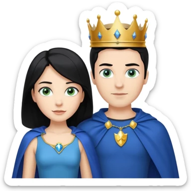 Prince with crown, blue cape and trousers, body and legs, black hair, blue eyes, woman blonde hair, green eyes, sexy white short sleveless dress,  sticker