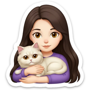 A pretty girl with long dark hair is hugging her light hair persian cat. sticker