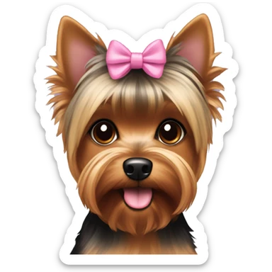 Yorkie Dog with Brown and black fur and brown eyes with short hair and a pink bow in her hair sticker
