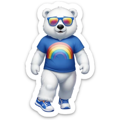 muscular friendly anthropomorphised polar bear walking confidently, wearing a royal blue t-shirt, black pants, white trainers, and oversized rainbow glasses sticker