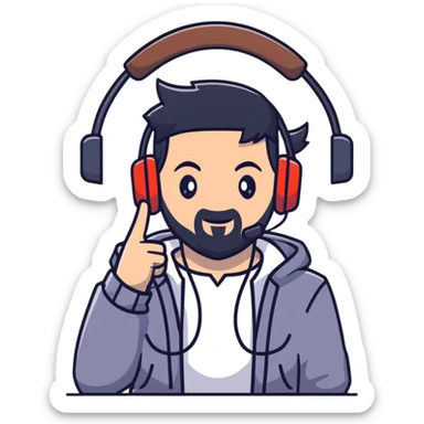 Anime style man with black hair, brown eyes, and black beard wearing gaming headset and making a bravo gesture, anime character design sticker