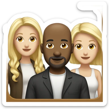 group of people including one bald black man, one bald white man with a beard, three women with dark hair, and one women with blonde hair sticker