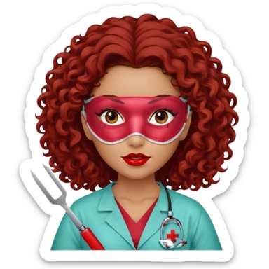 Lilith symbol seductress evil surgeon. curly, long hair. brown hair. Red surgical mask and hair covering. She works for cartel and kills  with a scalpel. sticker